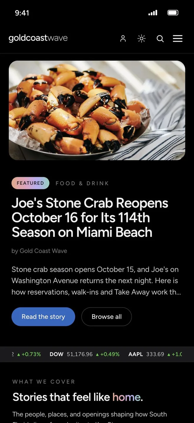 Gold Coast Wave on a phone: the home page