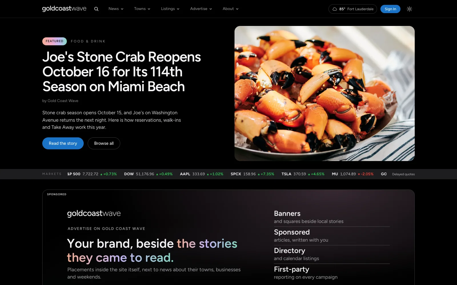 The homepage with a sponsored banner under the lead story