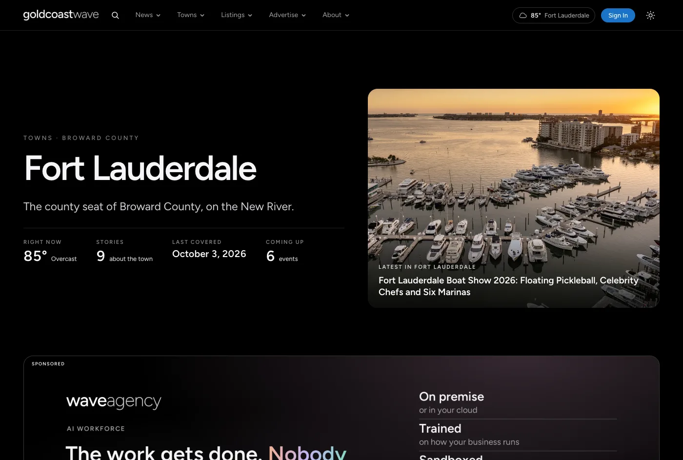 A town page with a sponsored banner
